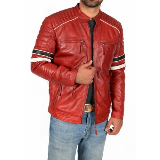 Red Leather Jacket Men's Lambskin Soft Genuine Slim Fit Motorcycle Biker Jacket