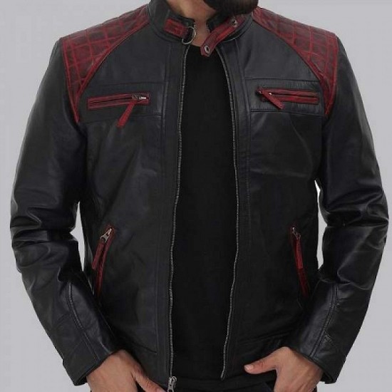 Rollins Mens Black and Maroon Cafe Leather Jacket