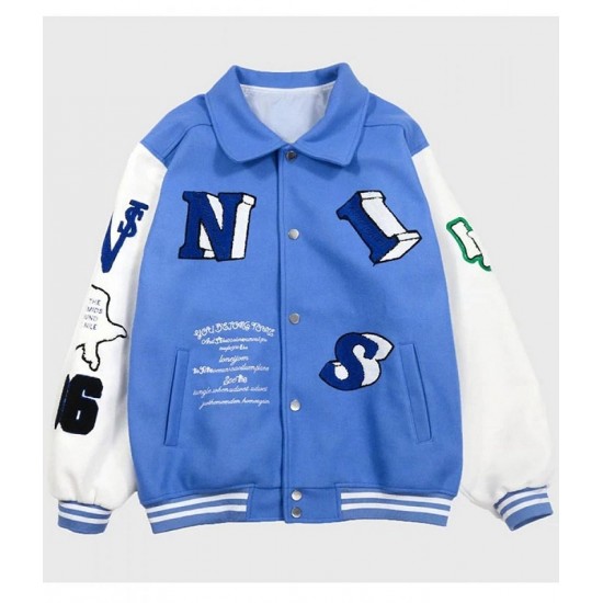 Skeleton Flocking Hip Hop Blue Letterman Jacket