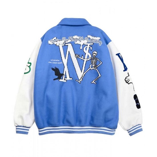 Skeleton Flocking Hip Hop Blue Letterman Jacket