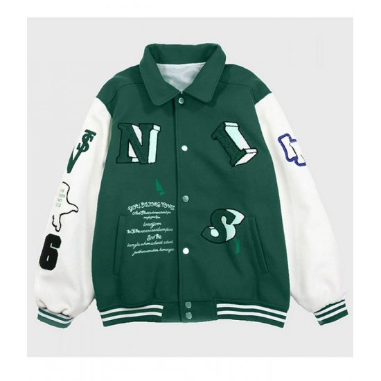 Skeleton Flocking Hip Hop Green Letterman Jacket