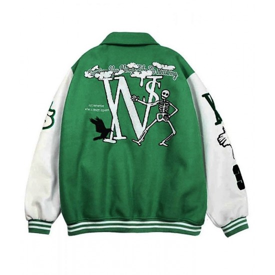 Skeleton Flocking Hip Hop Green Letterman Jacket