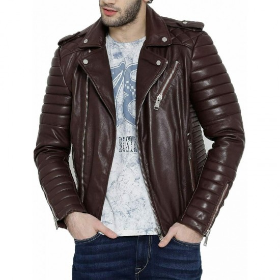 URBAN Men's Lambskin Leather Jacket Motorcycle Biker Stylish Quilted Brown Coat