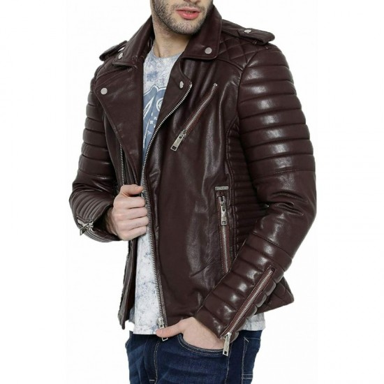 URBAN Men's Lambskin Leather Jacket Motorcycle Biker Stylish Quilted Brown Coat