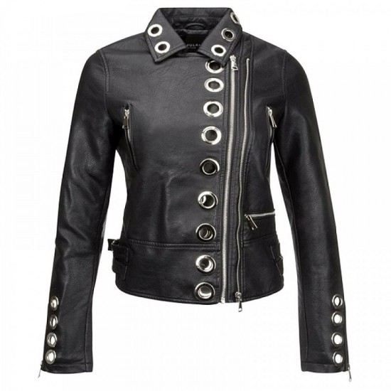 Unique Design Womens Real Black Leather Eyelet Moto Biker Jacket