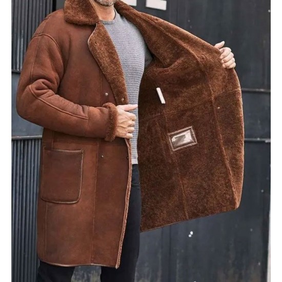 Winter Brown Fur Leather Long Trench Overcoat