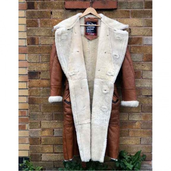 Winter Long Coat Real Sheepskin Leather Fur Vintage Brown Overcoat