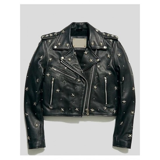 Women Black Biker Style Handmade Star Studs Leather Jacket