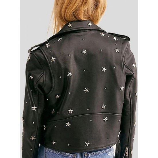 Women Black Biker Style Handmade Star Studs Leather Jacket