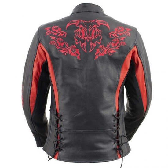 Women Black Motorcycle Cowhide Embroidered Leather Jacket