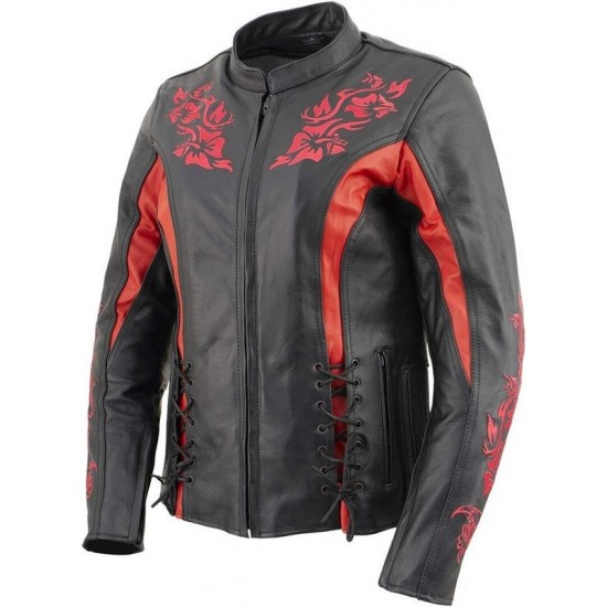 Women Black Motorcycle Cowhide Embroidered Leather Jacket