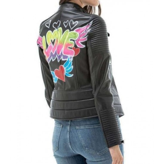 Women Black Motorcycle Love Print Biker Leather Jacket