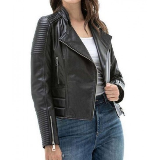 Women Black Motorcycle Love Print Biker Leather Jacket