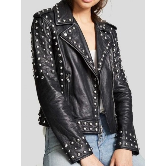 Women Black Sheepskin Leather Black Studded Jacket