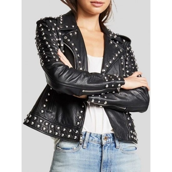 Women Black Sheepskin Leather Black Studded Jacket