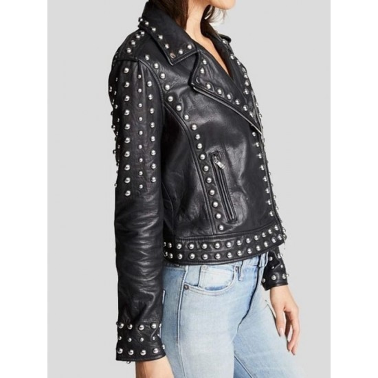 Women Black Sheepskin Leather Black Studded Jacket