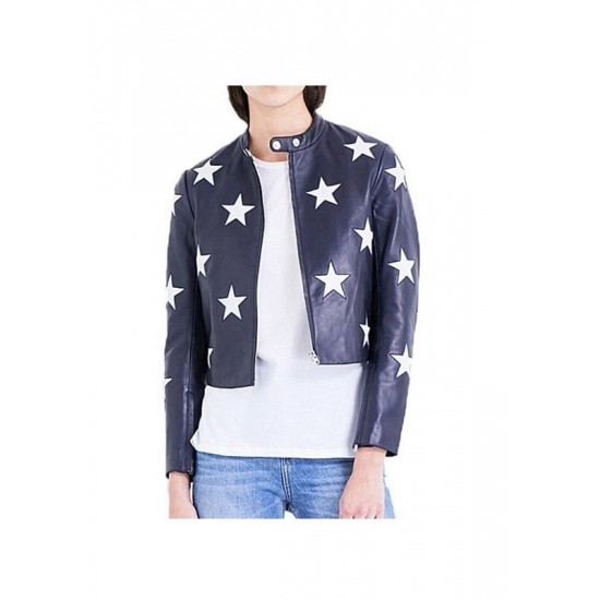 Women Blue Motorcycle White Star Patches Short Biker Leather Jacket