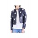 Women Blue Motorcycle White Star Patches Short Biker Leather Jacket