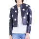 Women Blue Motorcycle White Star Patches Short Biker Leather Jacket