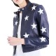 Women Blue Motorcycle White Star Patches Short Biker Leather Jacket