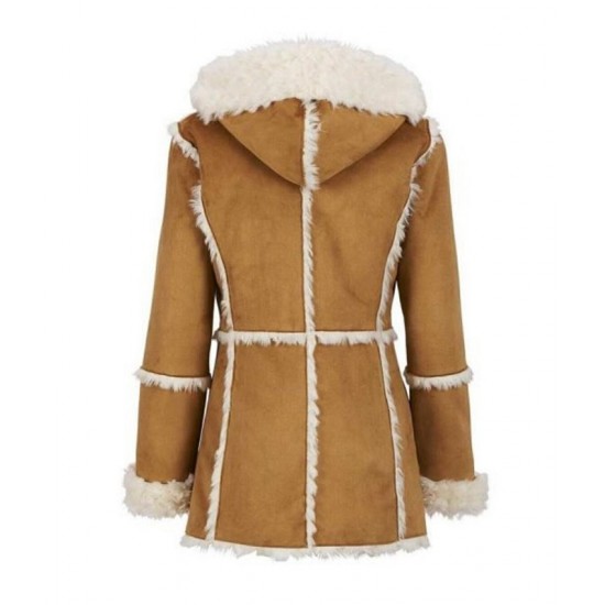 Women Brown Suede Leather Fur Hooded Shearling Coat