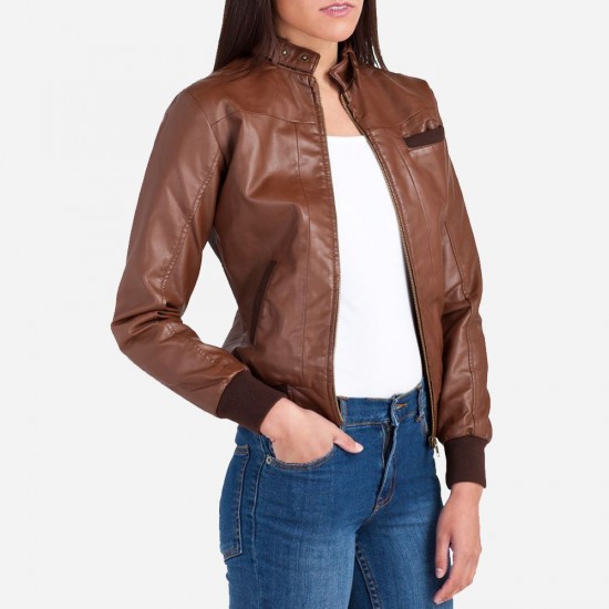 Women Coco Brown Leather Bomber Jacket