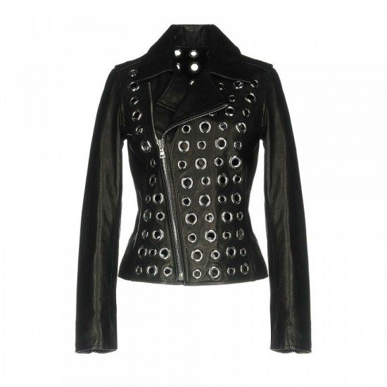 Women Leather Jacket Eyelet Jacket Biker Women Jacket