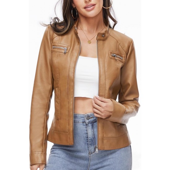 Women Motorcycle Faux PU Moto Biker Jacket