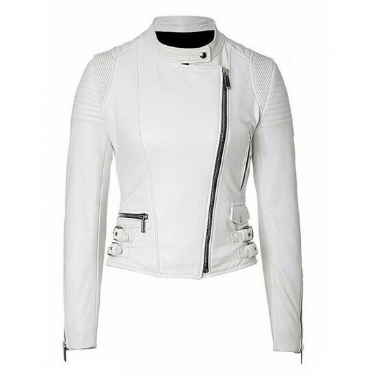 Women White Moto Biker Slim Fit Leather Jacket