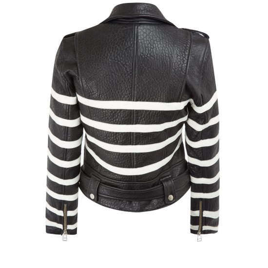 Women's Black And White Striped Leather Biker Jacket