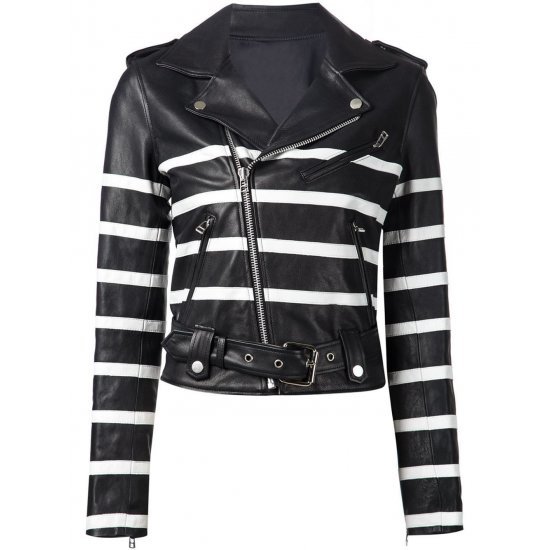 Women's Black And White Striped Leather Biker Jacket