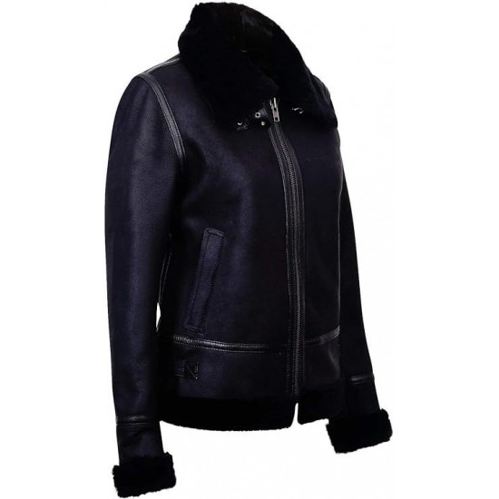 Women's Black Aviator Biker Genuine Sheepskin Leather Jacket