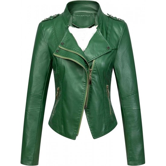 Women's Candy Color Asymmetric Zip Slim Faux Leather Cropped Moto Jacket