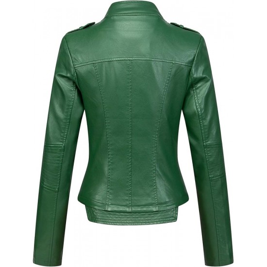 Women's Candy Color Asymmetric Zip Slim Faux Leather Cropped Moto Jacket