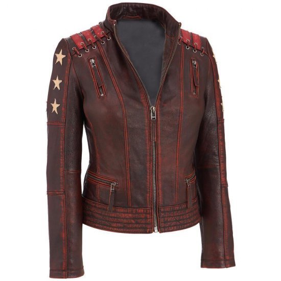 Women's Distressed Star Wars Vintage Stripes Style Cafe Racer Leather Jacket