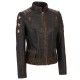 Women's Distressed Star Wars Vintage Stripes Style Cafe Racer Leather Jacket