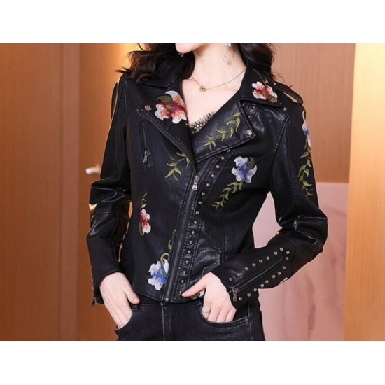 Women's Floral Embroidery Motorcycle Leather Jacket