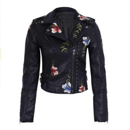 Women's Floral Embroidery Motorcycle Leather Jacket