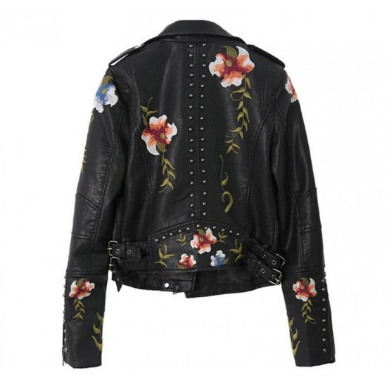 Women's Floral Embroidery Motorcycle Leather Jacket