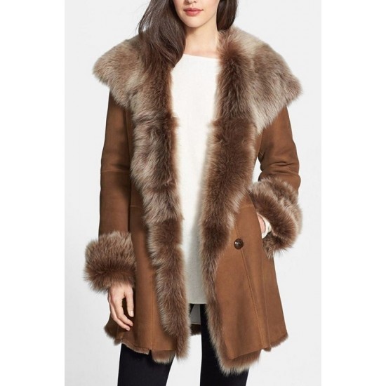 Womens Brown Stylish Suede Leather Shearling Coat