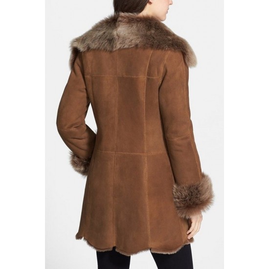 Womens Brown Stylish Suede Leather Shearling Coat