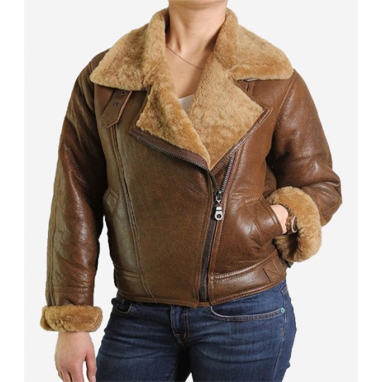 Women’s Fur Shearling Flying Bomber Aviator Jacket