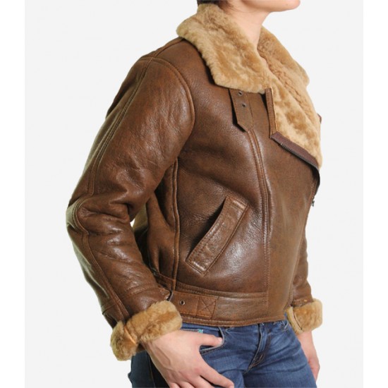 Women’s Fur Shearling Flying Bomber Aviator Jacket