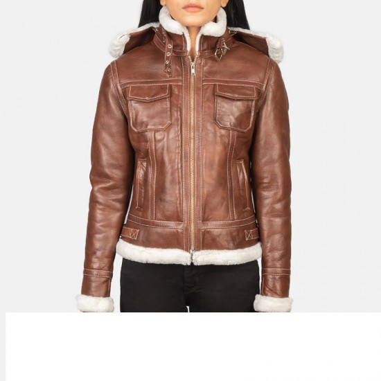 Womes Brown Hooded Shearling Leather Jacket