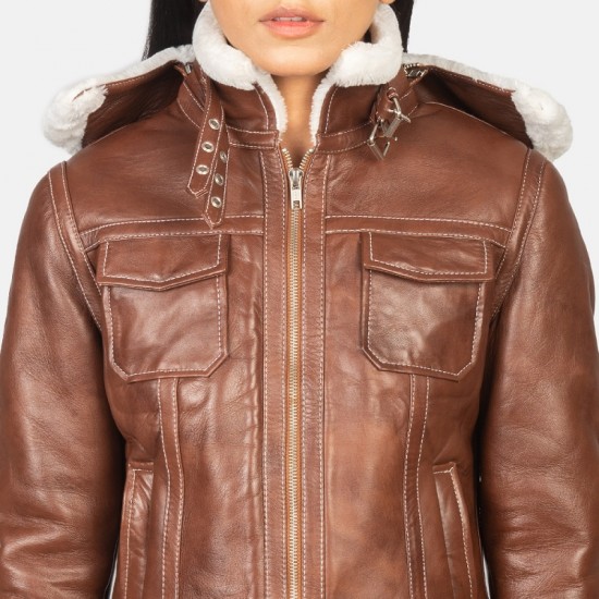 Womes Brown Hooded Shearling Leather Jacket