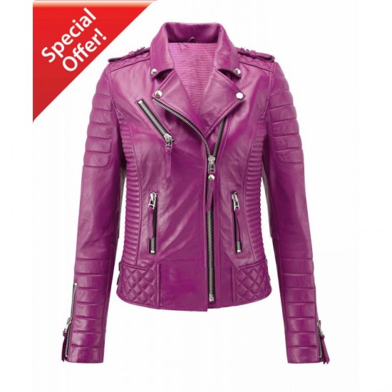 New Fashion Style Women's Leather Jackets Motorcycle Bomber Biker Purple Real Leather Jacket Women