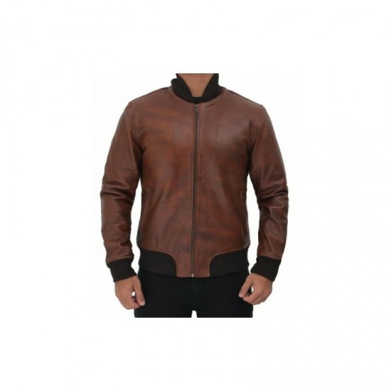 Torres Mens Leather Distressed Brown Bomber Jacket