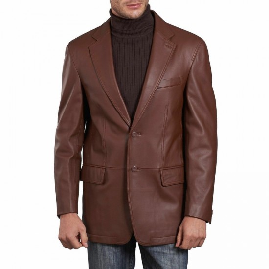 Men's Genuine Soft Lambskin Leather Blazer Jacket Brown Two Buttons Mens New Coat