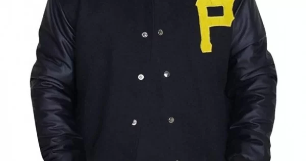 Mens Pittsburgh Pirates P Logo Baseball Majestic Varsity Black Letterman  Bomber Jacket